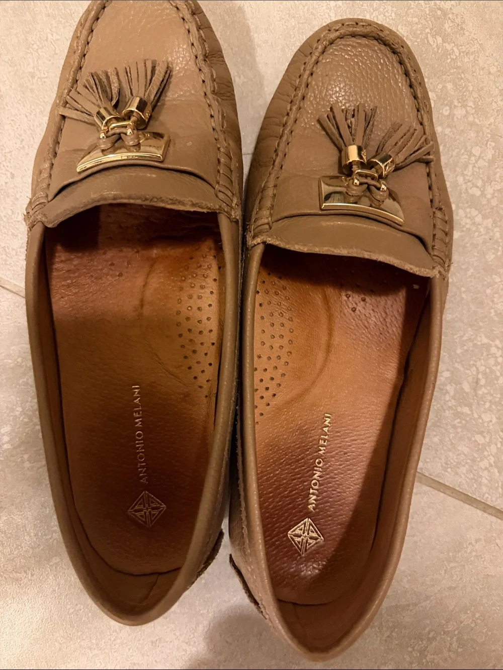 ANTONIO MELANI Brown Leather Tassel Loafers with Gold Accents